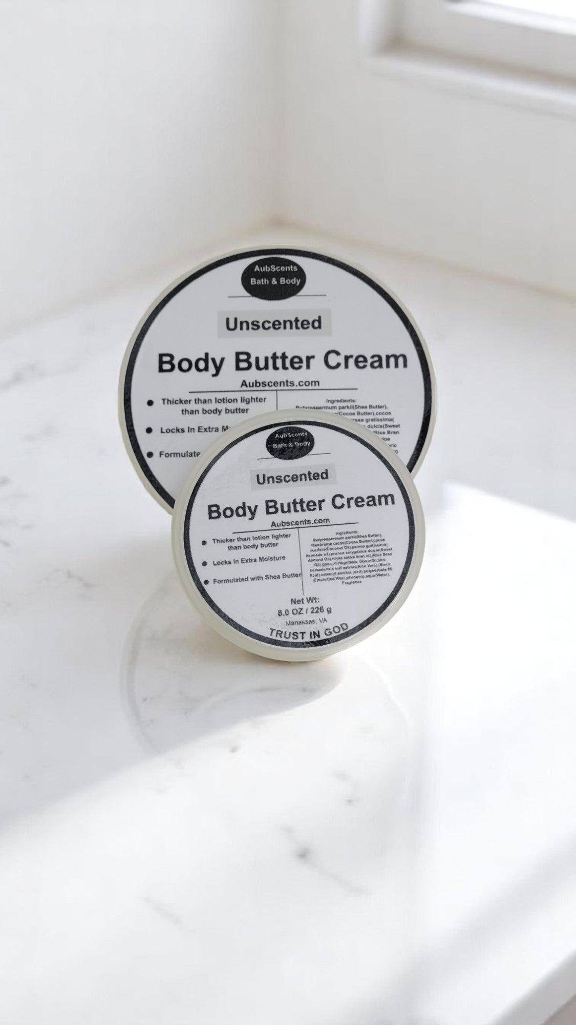 Fragrance-free body cream in travel and full-size jars handmade shea butter moisturizer from a Virginia women-owned skincare brand