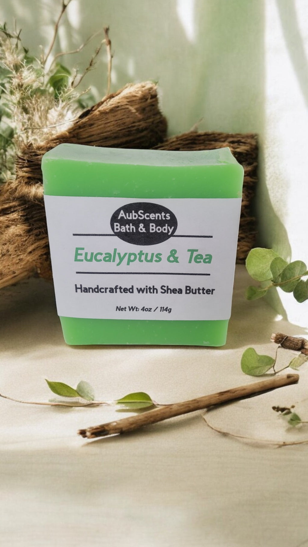 Handmade Eucalyptus & Tea Soap with shea butter and rice bran oil, perfect for nourishing and hydrating skin, handmade soap in loudoun county virginia